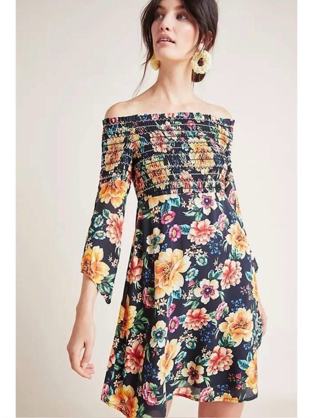Farm Rio Anthropologie Black Floral Smocked Long Sleeve Dress Size Large